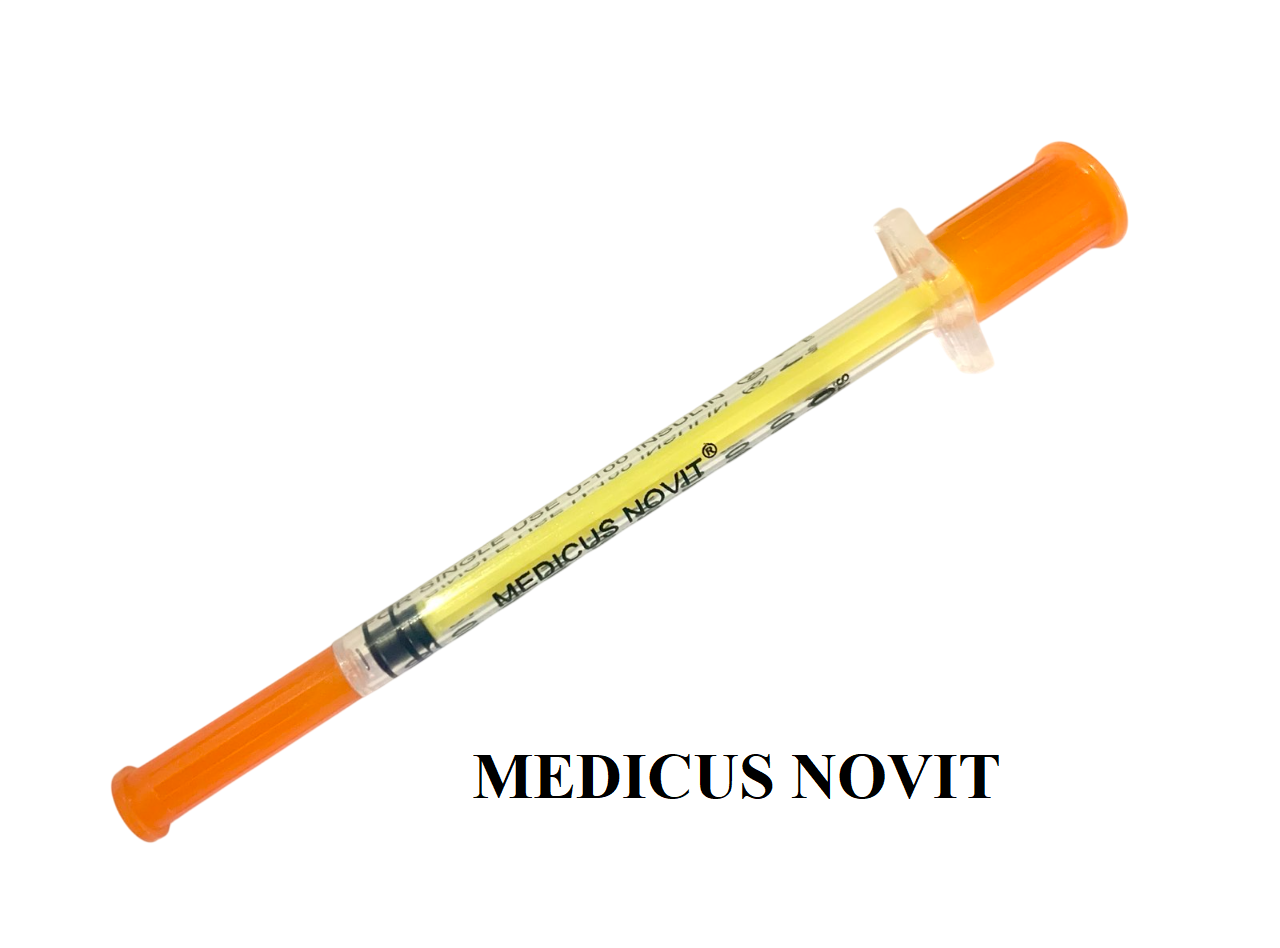 Шприц MEDICUS NOVIT ін'єкційний інсуліновий 3-х компонентний одноразовий стерильний 1мл U-100 з інтегрованою голкою 30G (0,3х13мм), кольоровий поршень